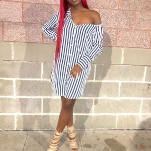 Stripe off the shoulder shirt dress